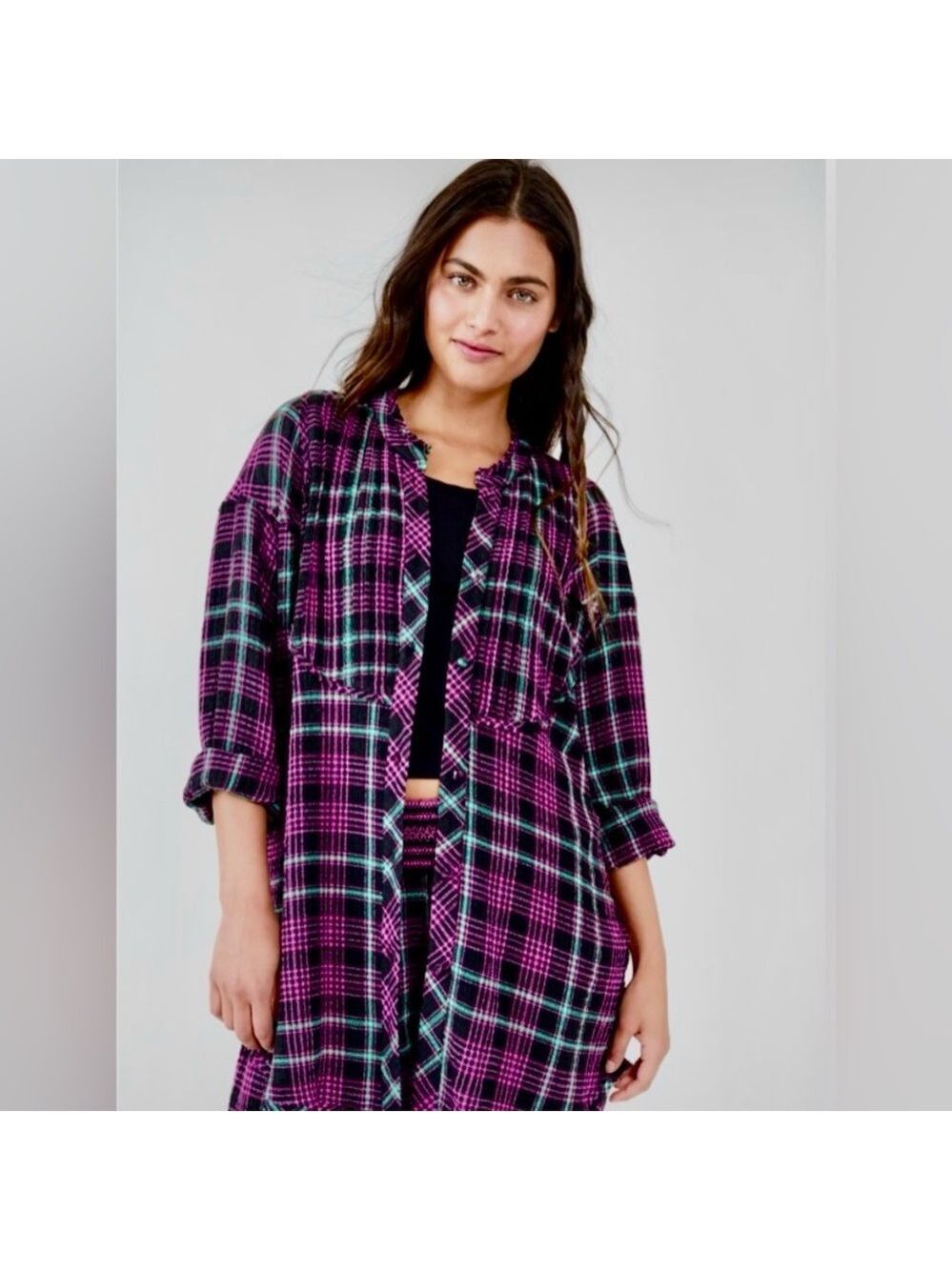 FREE PEOPLE Plaid Purple and Black Long Sleeve Shirt